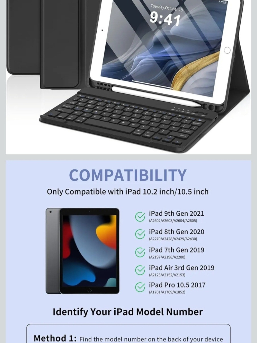 10.2/10.5-inch Black Keyboard Case with Pencil Holder for iPad